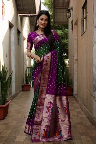 Green dola silk c Woven paithani designer saree with traditional bandhej print