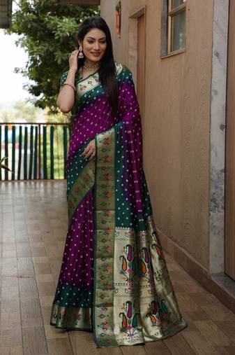 Purple dola silk c Woven paithani designer saree with traditional bandhej print