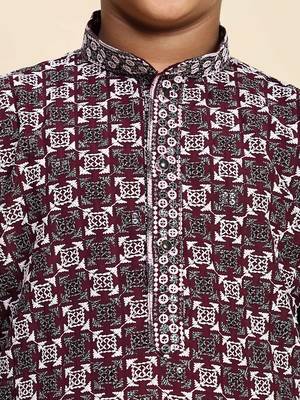 Maroon floral printed cotton kurta & pant set for boys party,wedding outfits traditional wear 5