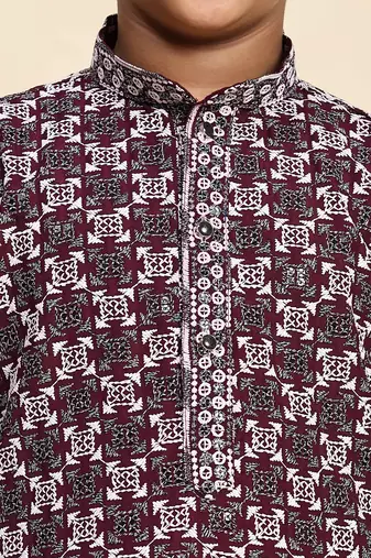 Maroon floral printed cotton kurta & pant set for boys party,wedding outfits traditional wear