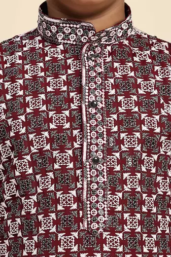 Wine floral printed cotton kurta & pant set for boys party,wedding outfits traditional wear