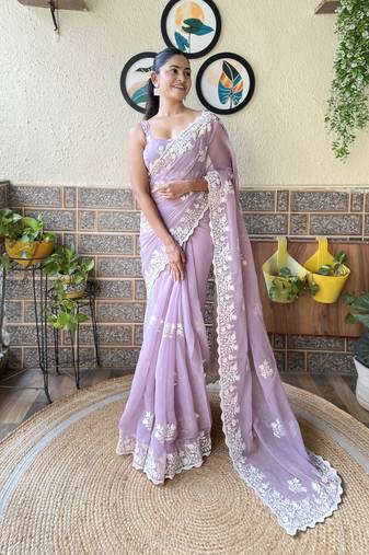 Lavender simmer silk bollywood style partywear saree with thread embroidery cut work