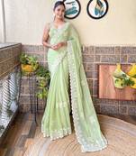 Pista color simmer silk bollywood style partywear saree with thread embroidery cut work