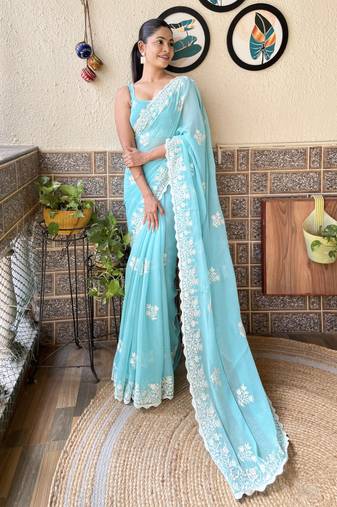 Sky blue simmer silk bollywood style partywear saree with thread embroidery cut work