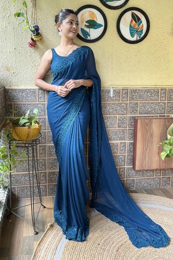 Blue georgette designer embroidery work bollywood style ethnic girlie saree