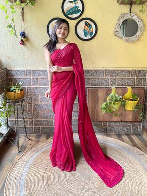 Pink georgette designer embroidery work bollywood style ethnic girlie saree 1