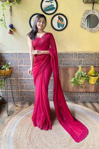 Pink georgette designer embroidery work bollywood style ethnic girlie saree