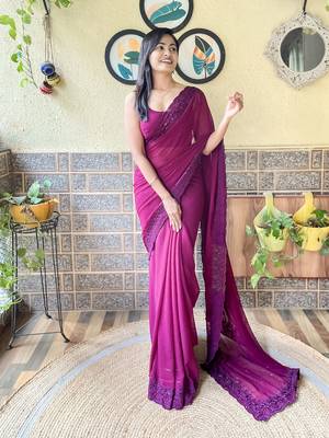 Wine georgette designer embroidery work bollywood style ethnic girlie saree 1