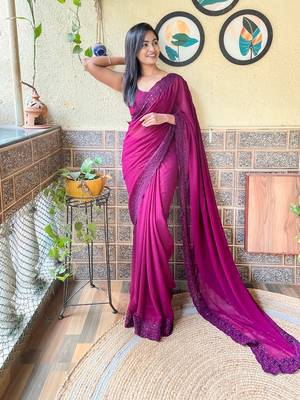Wine georgette designer embroidery work bollywood style ethnic girlie saree 3