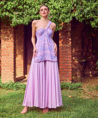 Purple print crepe sharara set 1