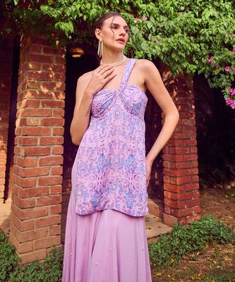 Purple print crepe sharara set 2