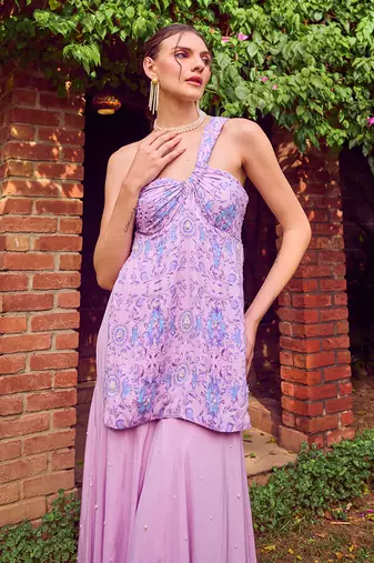 Purple print crepe sharara set