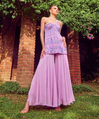 Purple print crepe sharara set 3