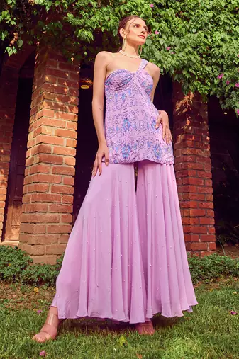 Purple print crepe sharara set