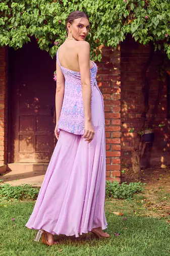 Purple print crepe sharara set