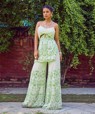Green print crepe sharara set 1