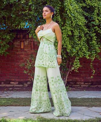 Green print crepe sharara set 2