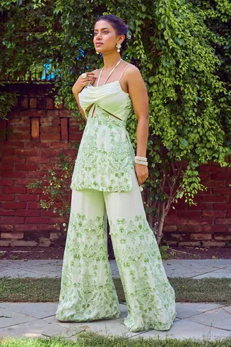 Green print crepe sharara set