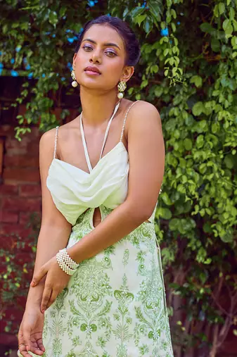 Green print crepe sharara set