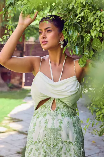 Green print crepe sharara set