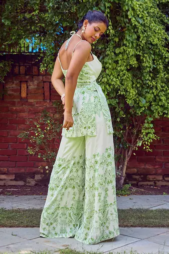 Green print crepe sharara set