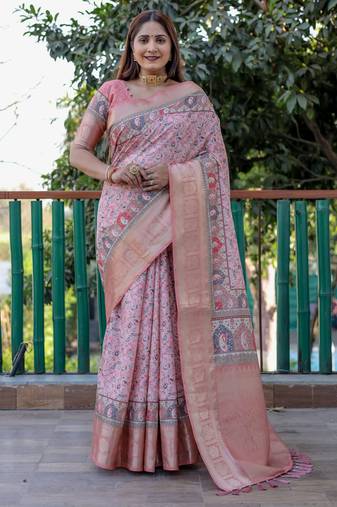 Pink pashmina Woven designer heavy looks saree with digital printed