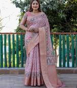 Pink pashmina Woven heavy looks saree with digital printed