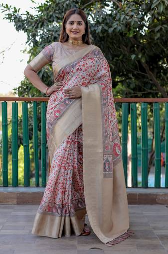 Beige pashmina Woven designer heavy looks saree with digital printed