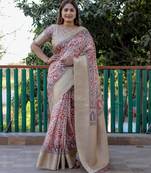 Beige pashmina Woven heavy looks saree with digital printed