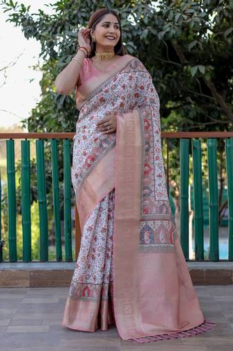 Peach pashmina Woven designer heavy looks saree with digital printed