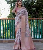 Peach pashmina Woven heavy looks saree with digital printed
