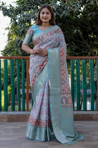 Sea green pashmina Woven designer heavy looks saree with digital printed