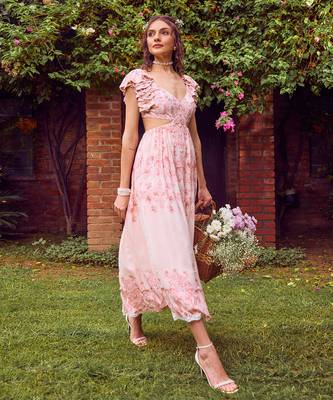 Pink print crepe ruffle dress 1