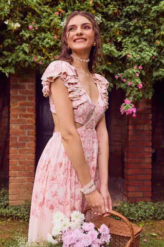 Pink print crepe ruffle dress