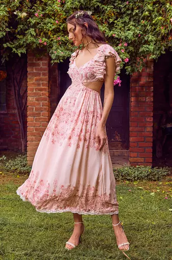 Pink print crepe ruffle dress
