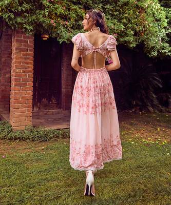 Pink print crepe ruffle dress 5