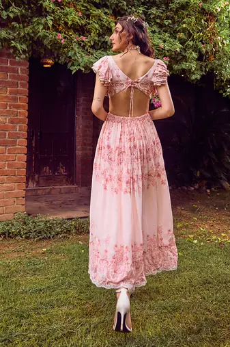 Pink print crepe ruffle dress