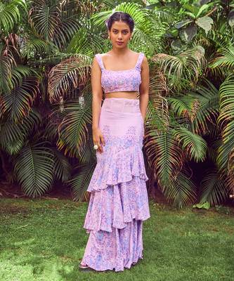 Purple print crepe crop top with skirt 1