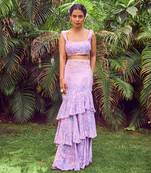 Purple print crepe crop top with skirt