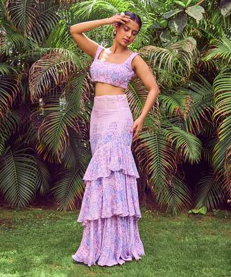 Purple print crepe crop top with skirt 2