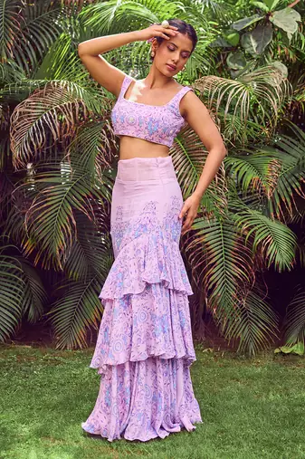 Purple print crepe crop top with skirt