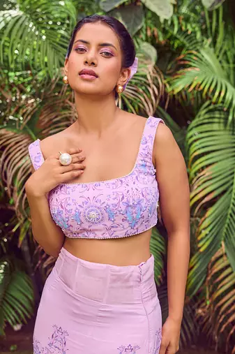 Purple print crepe crop top with skirt