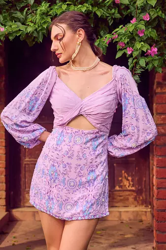Purple print crepe dress