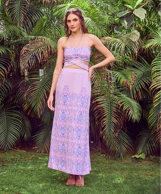 Purple print crepe crop top with skirt 1