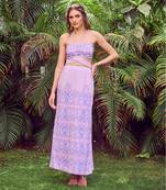 Purple print crepe crop top with skirt