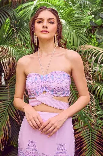 Purple print crepe crop top with skirt