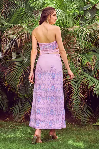 Purple print crepe crop top with skirt