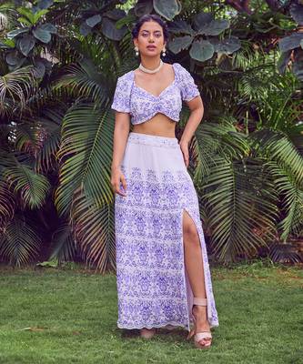 Blue print crepe crop top with skirt 1