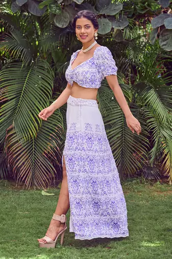 Blue print crepe crop top with skirt