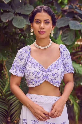 Blue print crepe crop top with skirt